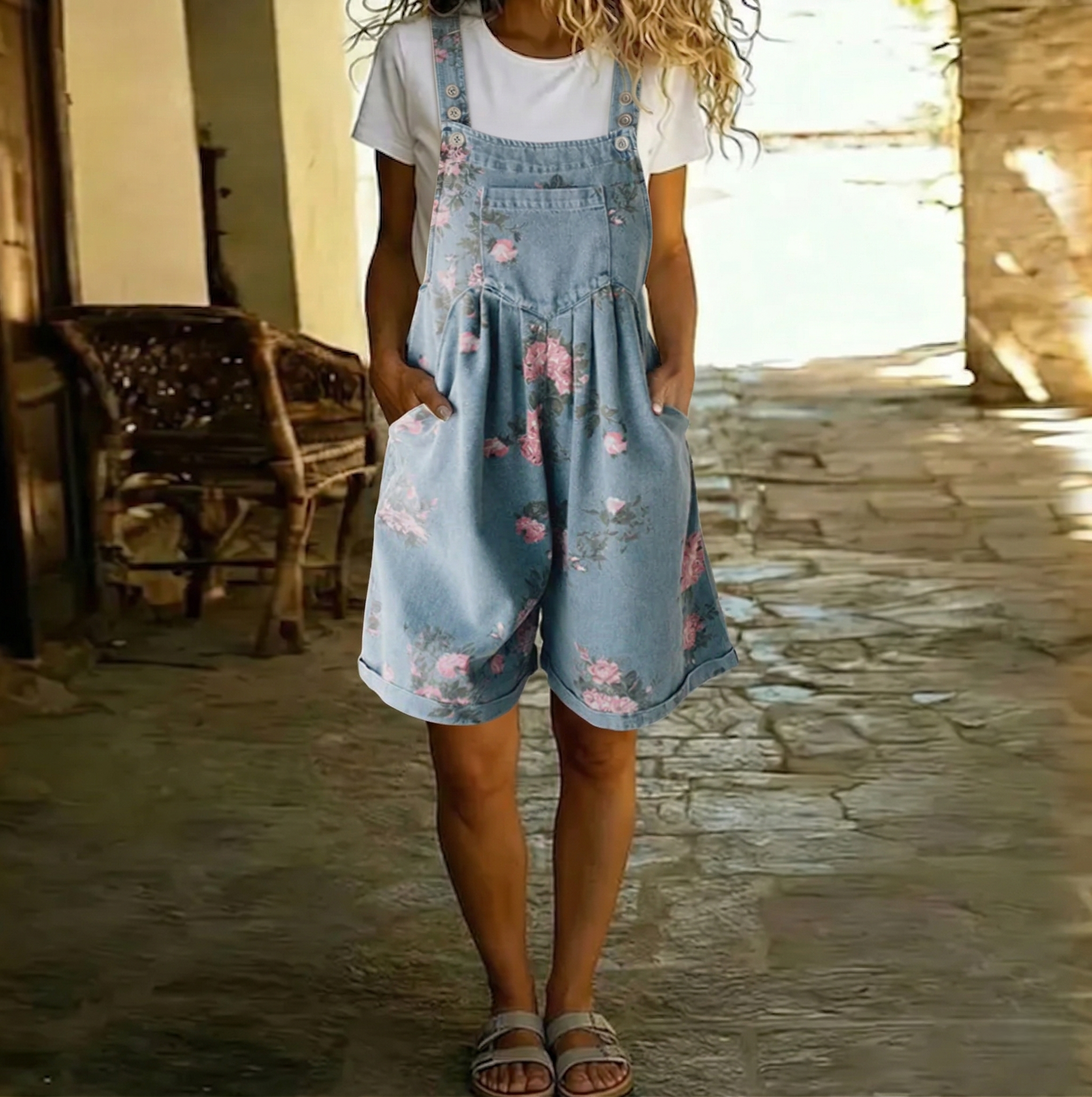 Judy | Salopette florale en denim doux et lavé vintage