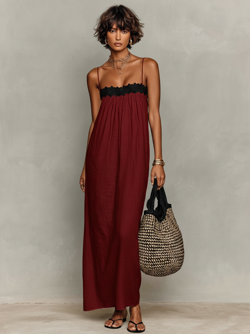 Robe Maxi Minimaliste Femme Sans Manches Avec Détails en Dentelle