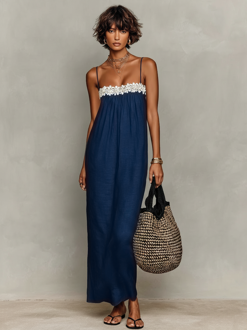 Robe Maxi Minimaliste Femme Sans Manches Avec Détails en Dentelle