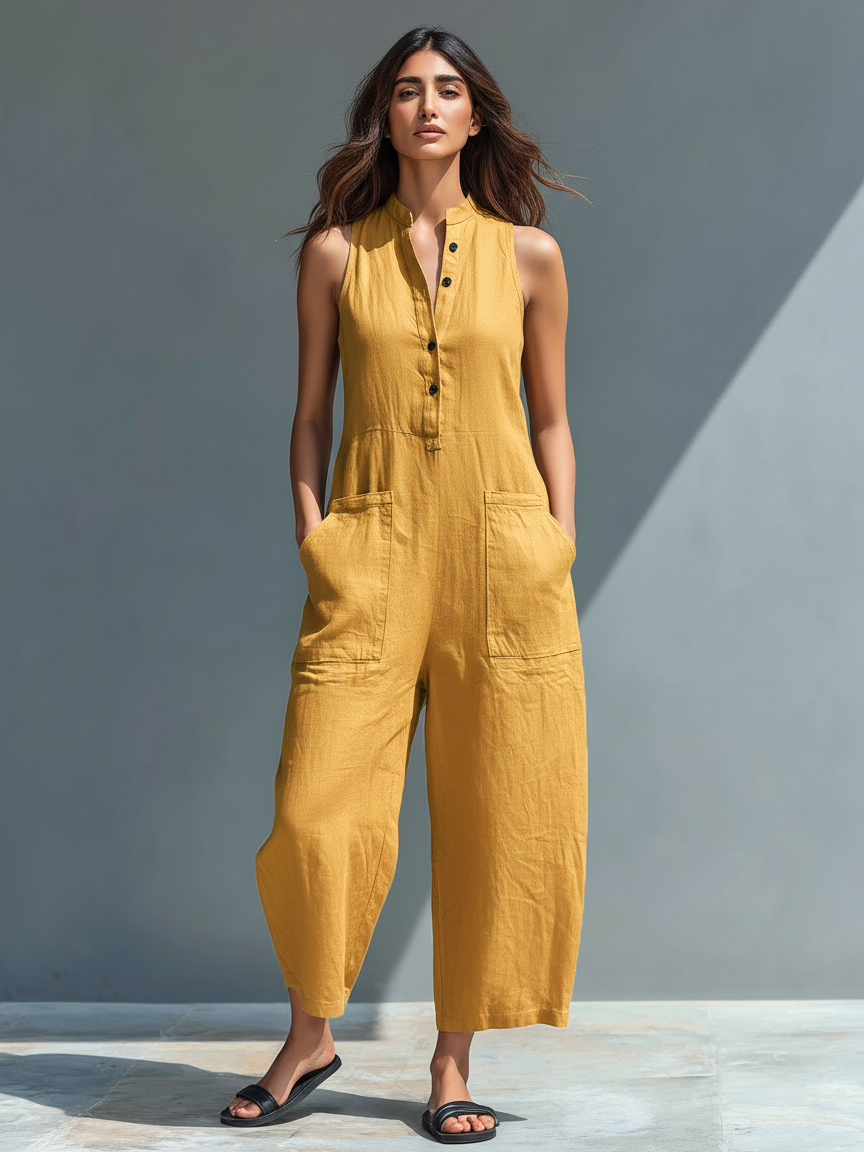 Combinaison Minimaliste Sans Manches pour Femmes avec Col Haut et Boutons