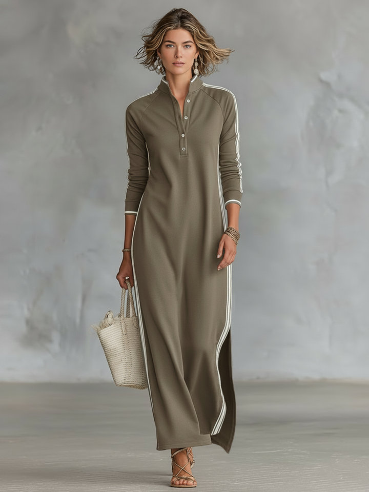 Laura | Robe Maxi Sweat Col Boutonné Ourlet Blanc