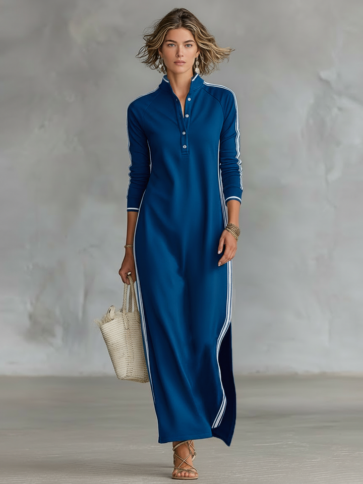Laura | Robe Maxi Sweat Col Boutonné Ourlet Blanc