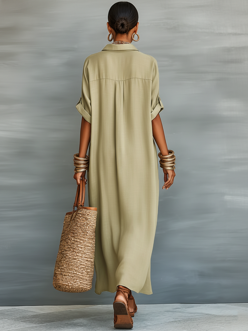 Robe maxi chemise à manches courtes minimaliste pour femmes