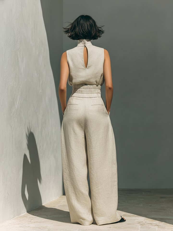 Ensemble Blouse Sans Manches Et Pantalon Large En Mélange De Coton Et Lin Pour Femmes
