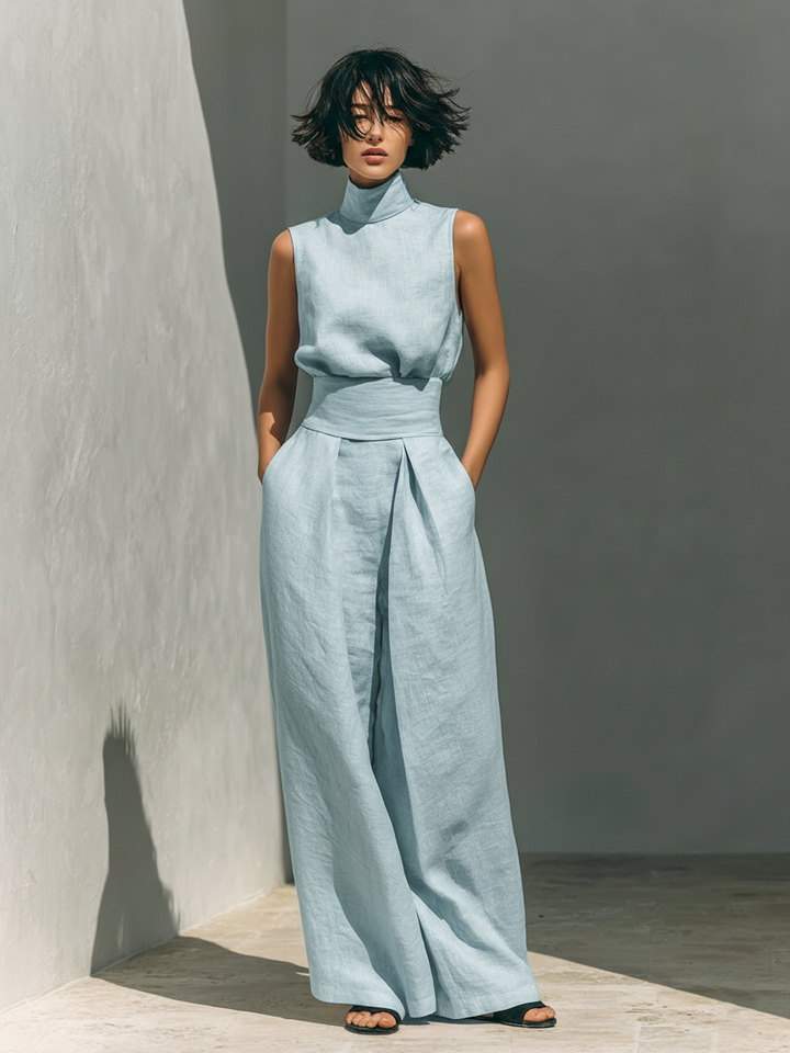 Ensemble Blouse Sans Manches Et Pantalon Large En Mélange De Coton Et Lin Pour Femmes