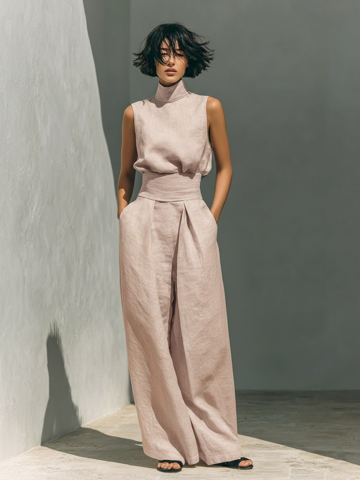 Ensemble Blouse Sans Manches Et Pantalon Large En Mélange De Coton Et Lin Pour Femmes