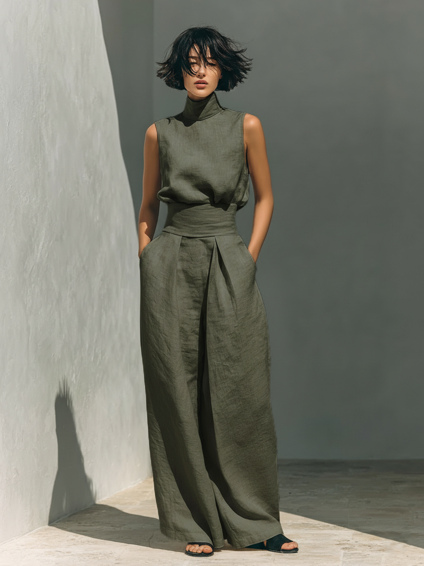 Ensemble Blouse Sans Manches Et Pantalon Large En Mélange De Coton Et Lin Pour Femmes