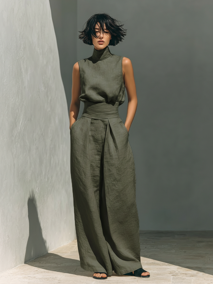 Ensemble Blouse Sans Manches Et Pantalon Large En Mélange De Coton Et Lin Pour Femmes