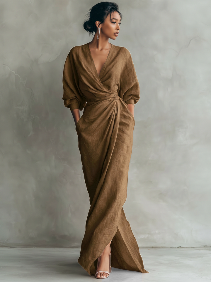 Rosalie | Robe Maxi Lin Col V Croisé Drapé & Torsade à la Taille