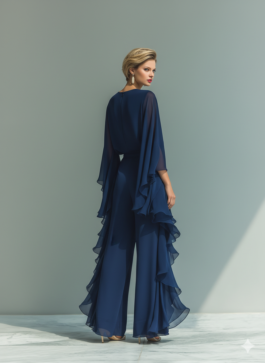 Clara | Ensemble en Chiffon Bleu Marine avec Pantalon à Volants