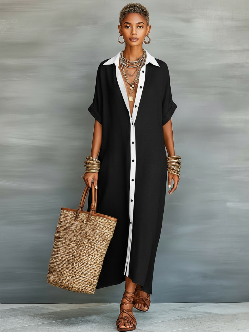 Robe maxi chemise à manches courtes minimaliste pour femmes