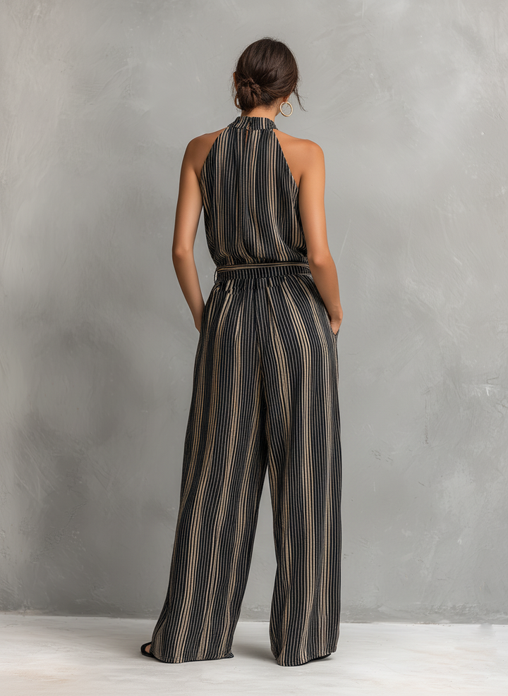 Ensemble Top Sans Manches à Col Rond Tissé Imprimé Rayé Élégant pour Femmes Associé à un Pantalon