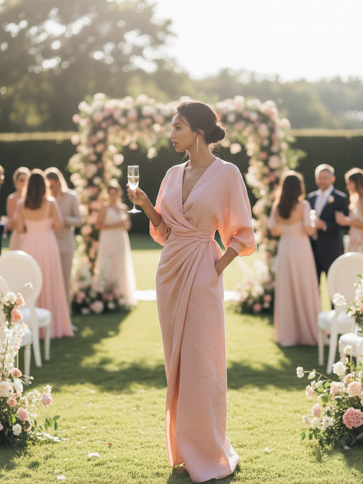Rosalie | Robe Maxi Lin Col V Croisé Drapé & Torsade à la Taille