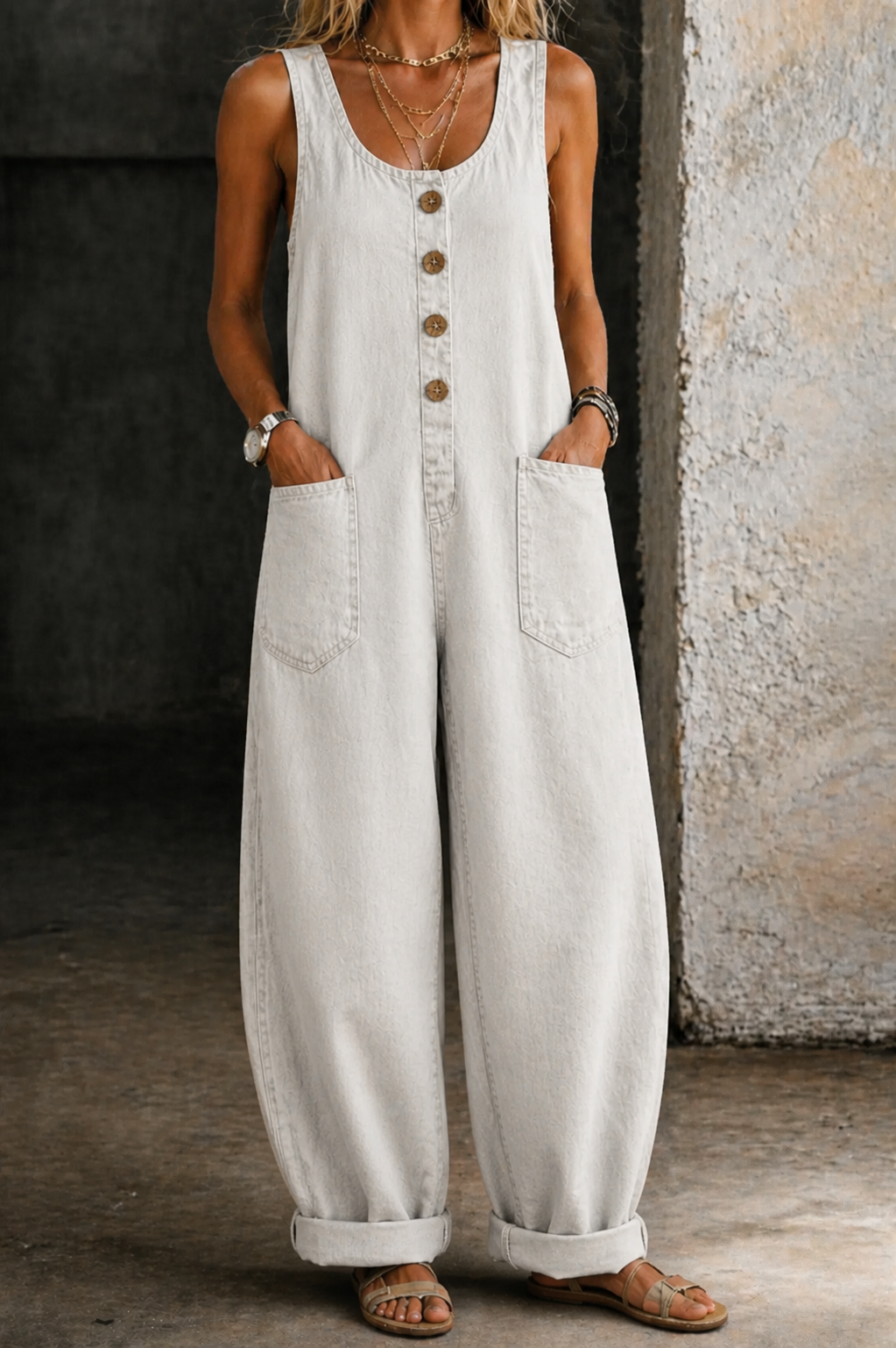 Lora | Combinaison Denim Sans Manches Boutonnée & Grandes Poches