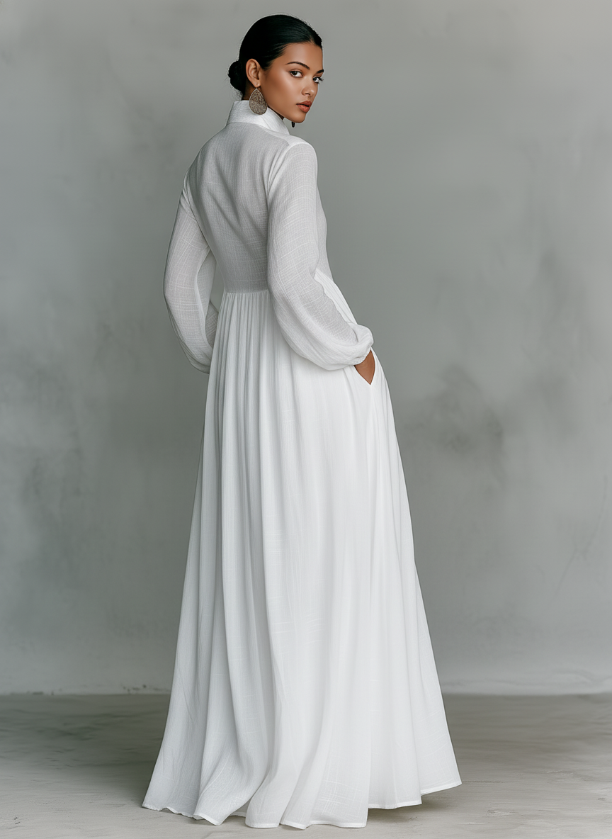 Zoey | Robe maxi en patchwork de coton et lin avec col montant