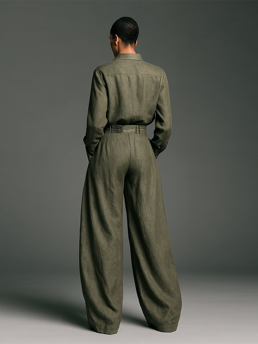 Mode Femme Mélange Coton et Lin Chemise à Manches Longues Pantalon Large Ensemble Deux Pièces