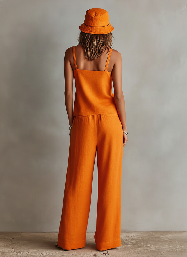 Ensemble Femme en Lin Orange à Deux Pièces avec Débardeur à Col Carré & Pantalons Amples à Taille Liée, Ensemble Style Boho-Resort Intemporel