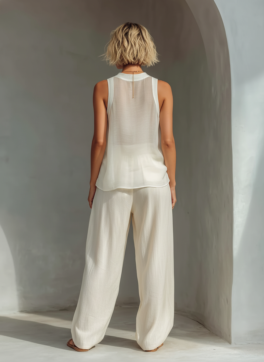 Ensemble Deux Pièces Crème Femme Avec Top Sans Manches En Chiffon Semi-Transparent & Pantalons À Jambe Large En Mélange De Coton Et Lin