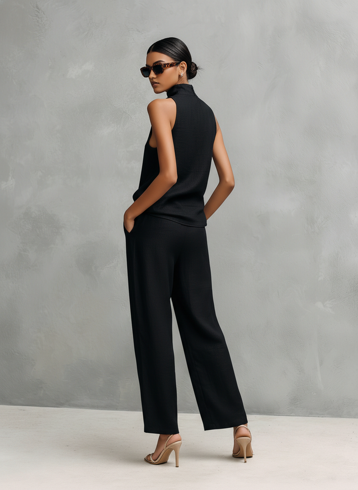 Ensemble Haut Sans Manches et Pantalon Élegant en Coton et Lin Noir pour Femmes