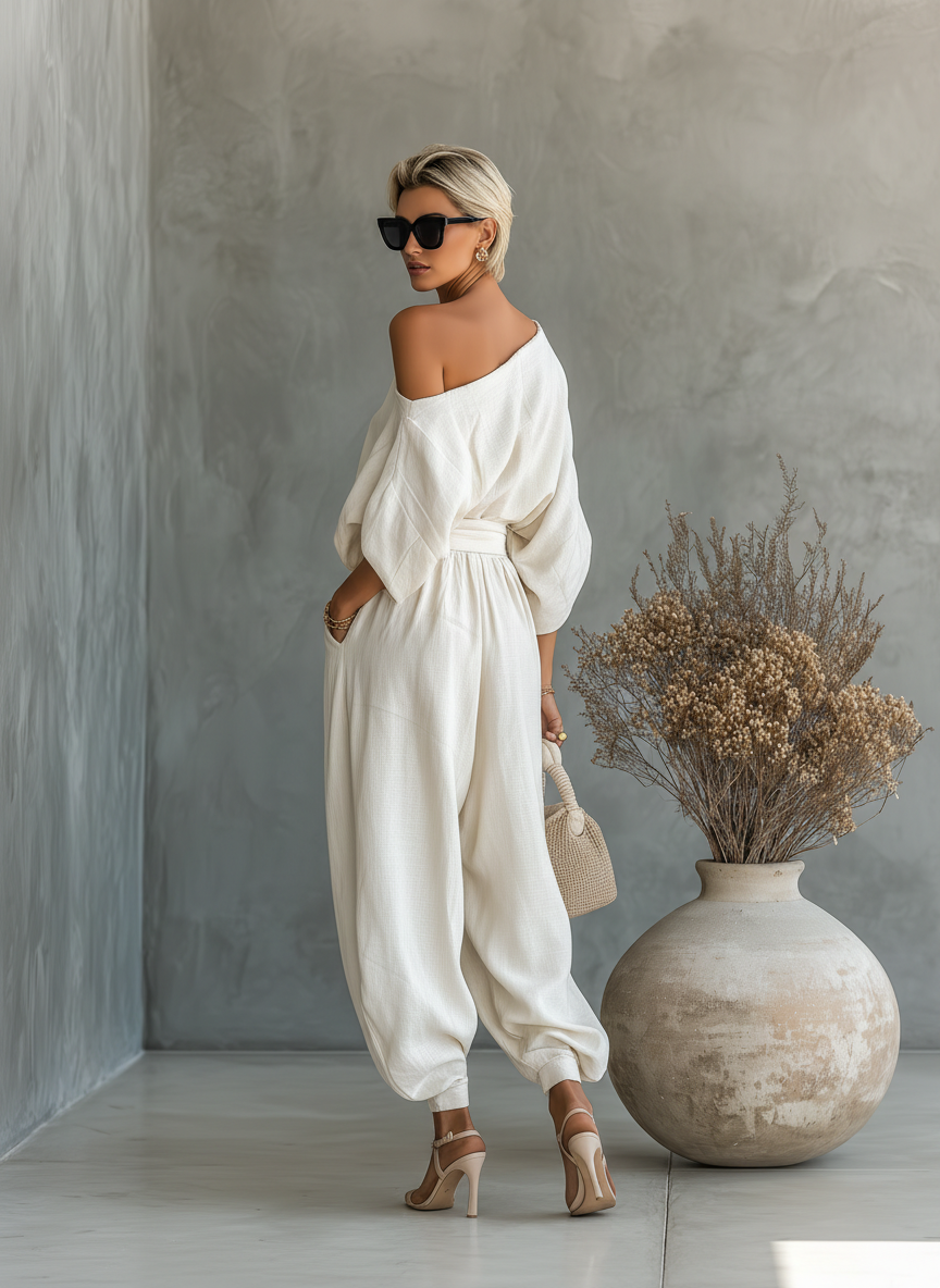 Lisa | Ensemble Top Doux à Épaules Dégagées et Pantalons Tapered