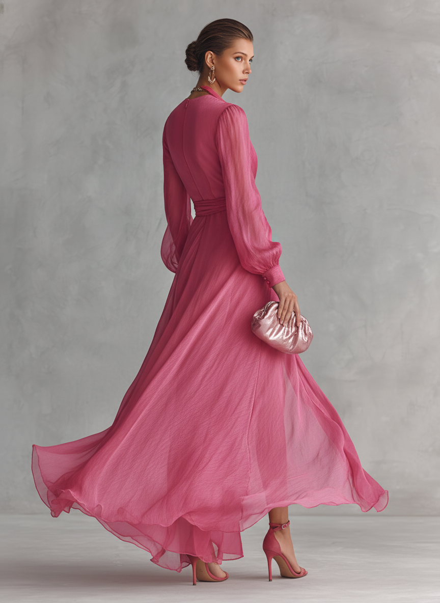 Mia | Robe Maxi Chiffon Rose à Décolleté en V