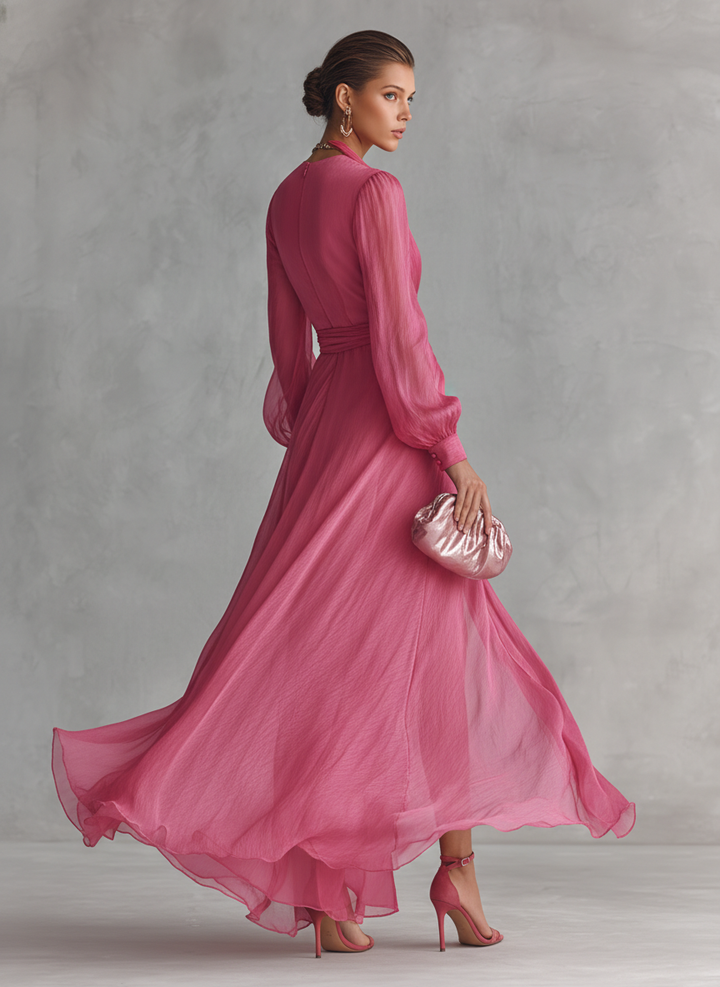 Mia | Robe Maxi Chiffon Rose à Décolleté en V