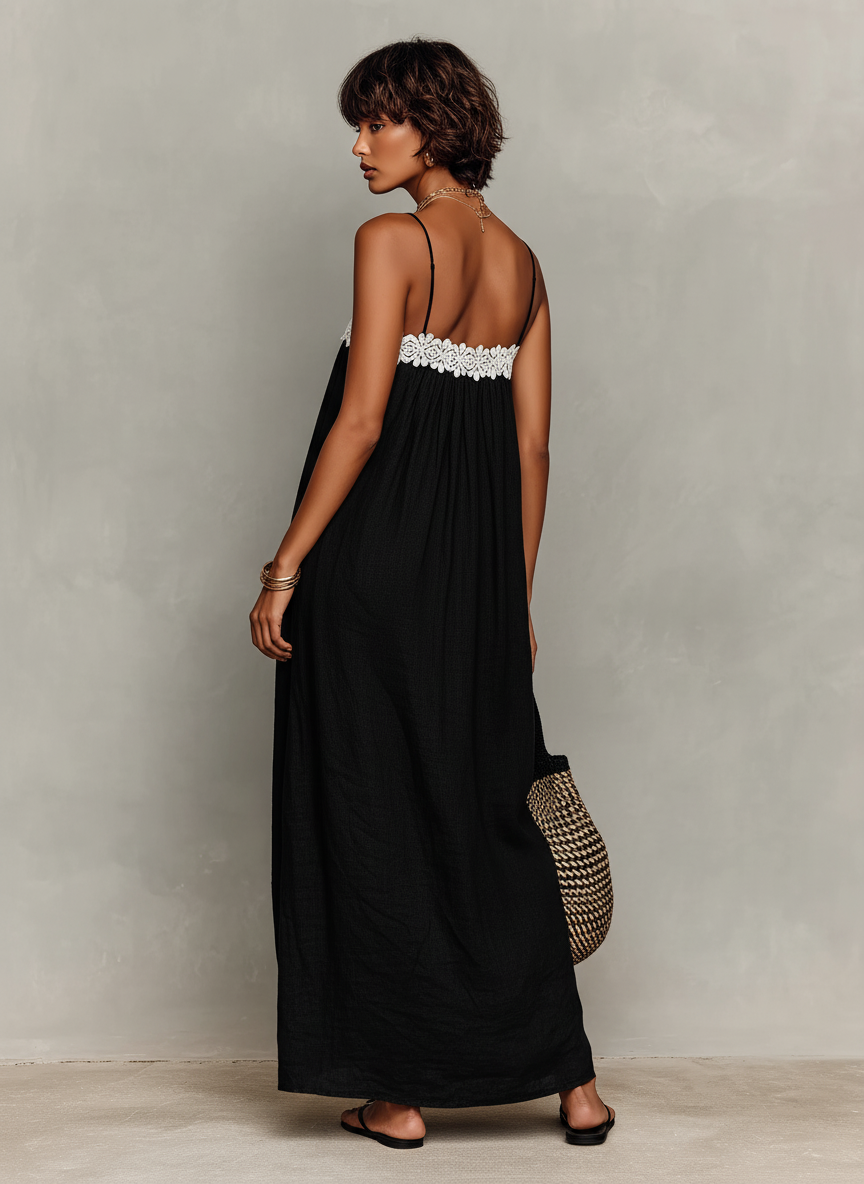 Robe Maxi Minimaliste Femme Sans Manches Avec Détails en Dentelle