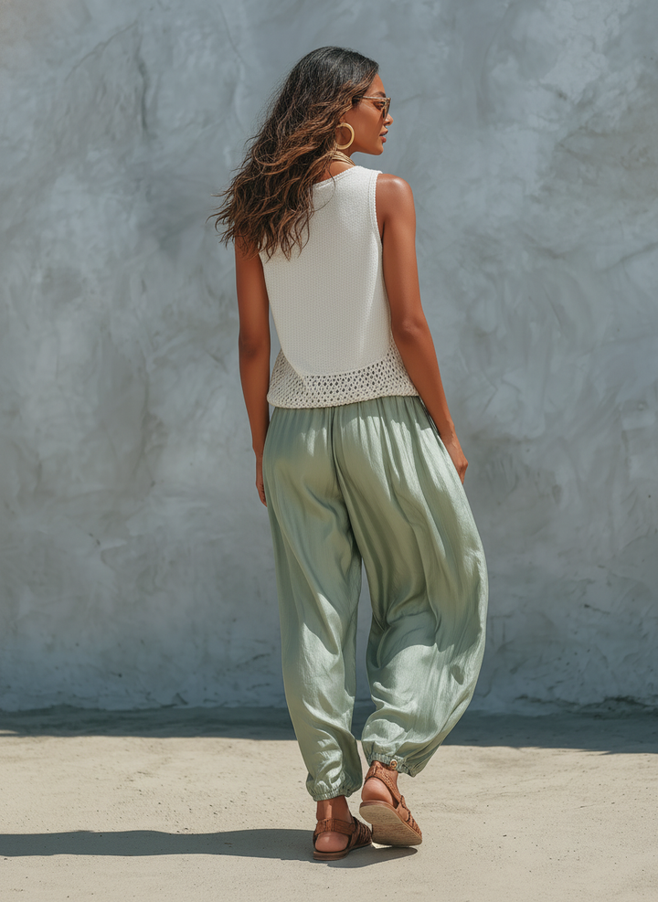 Ensemble Débardeur Tricoté en Maille Minimaliste pour Femmes et Pantalons Bouffants en Faux-Acétate