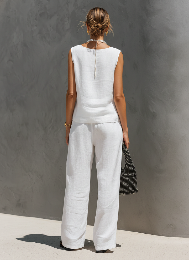 Ensemble Décontracté Femme Top Sans Manches V-Cou en Coton-Lin Blanc et Pantalon (Doublé)