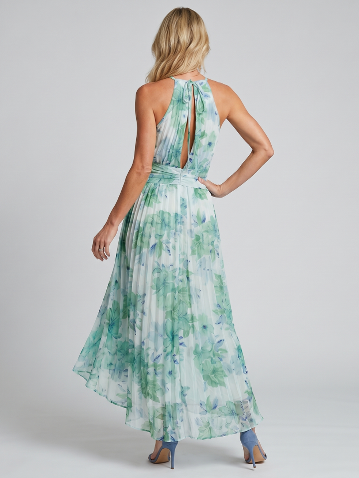 Portia | Robe Midi Mousseline Plissée Halter Imprimé Floral Aquarelle