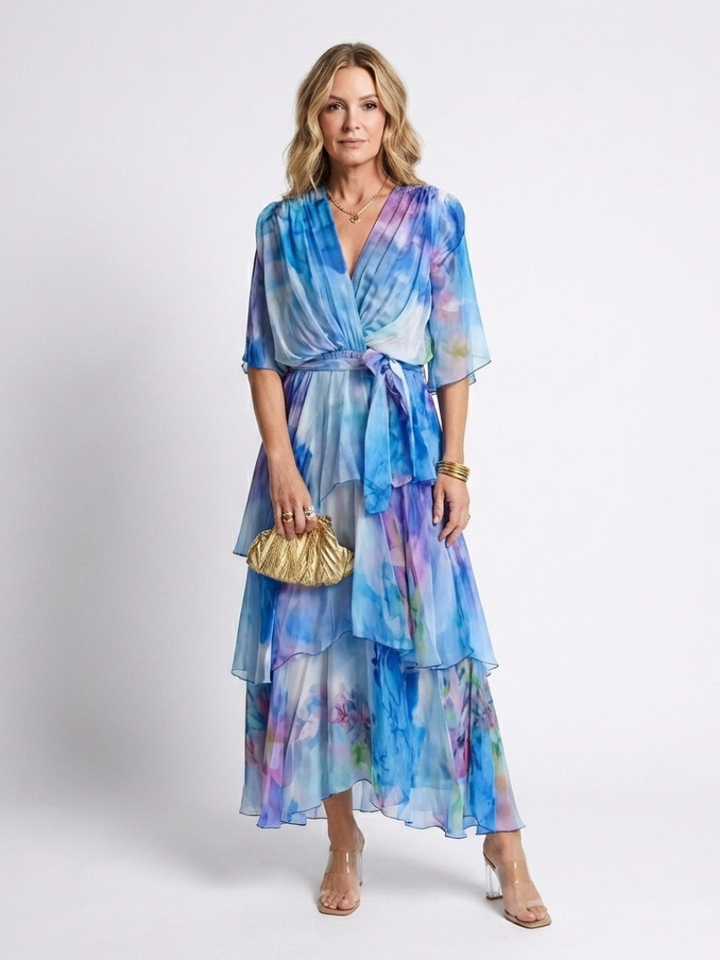 Calista | Robe maxi à décolleté en V, taille à nouer et superposée