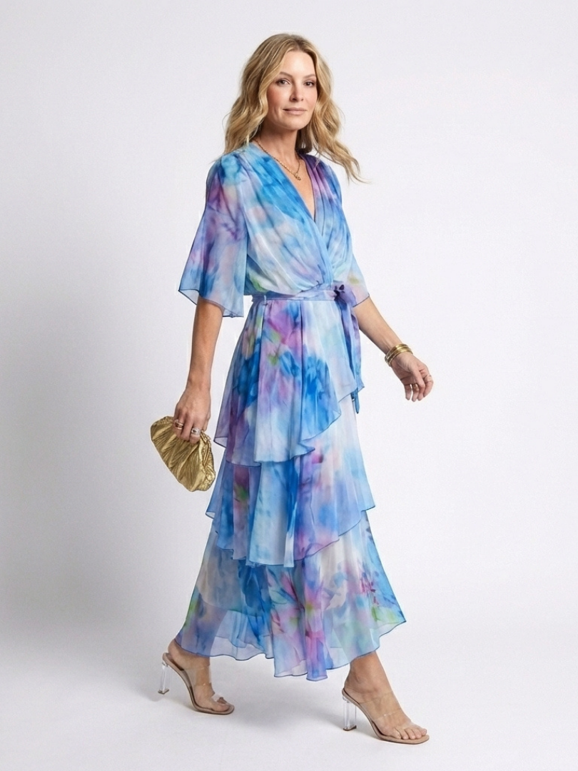 Calista | Robe maxi à décolleté en V, taille à nouer et superposée