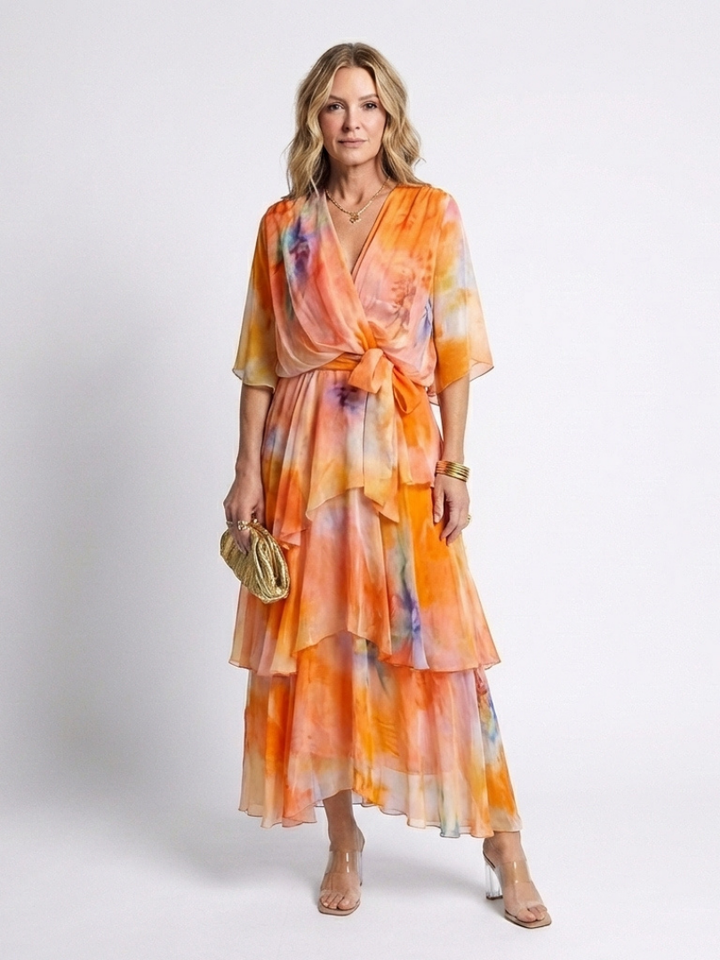Calista | Robe maxi à décolleté en V, taille à nouer et superposée