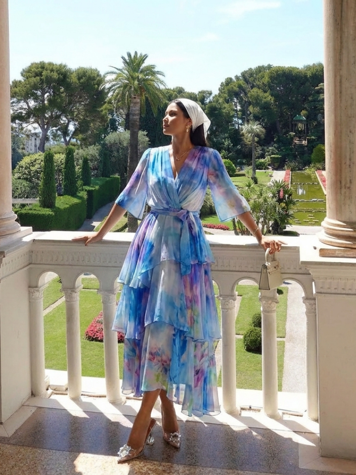 Calista | Robe maxi à décolleté en V, taille à nouer et superposée