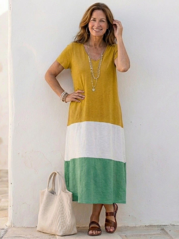 Thalia | Robe Midi à Manches Courtes en Color Block