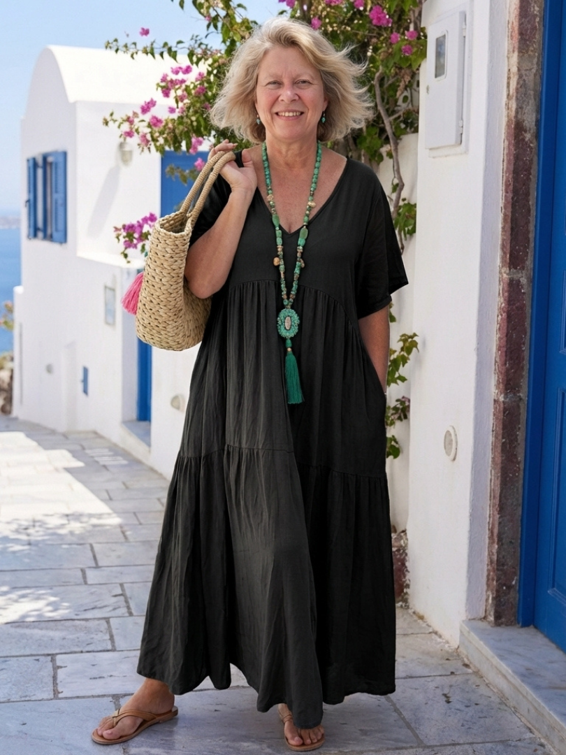 Zinnia | Robe Maxi Bleue à Manches Courtes Étagées