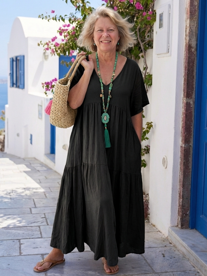 Zinnia | Robe Maxi Bleue à Manches Courtes Étagées