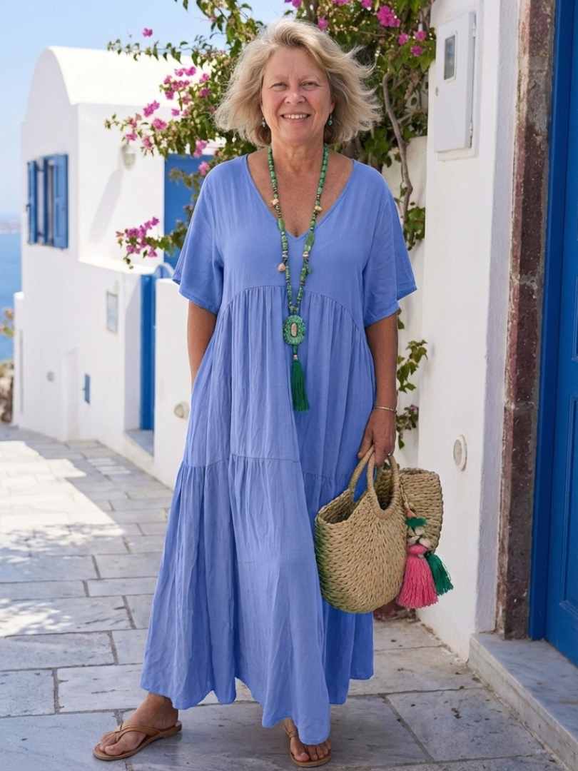 Zinnia | Robe Maxi Bleue à Manches Courtes Étagées