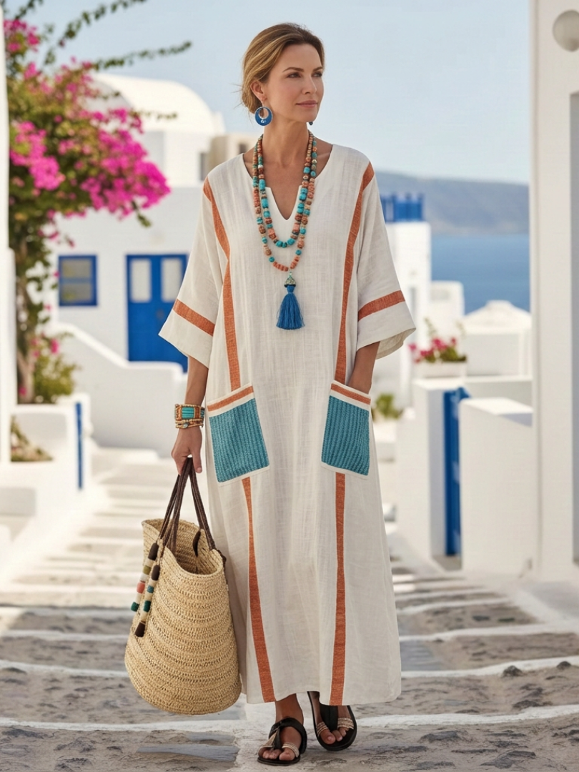 Noemi | Robe Maxi à Col V et Manches Mi-Longues avec Poches
