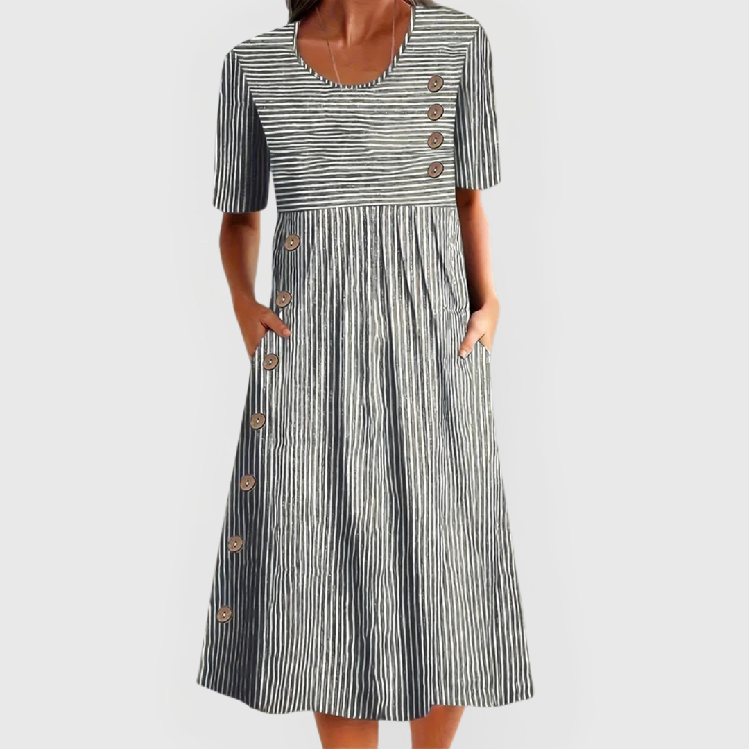 Sophia | Robe Midi Rayée à Boutons & Poches