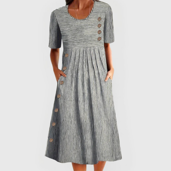 Sophia | Robe Midi Rayée à Boutons & Poches
