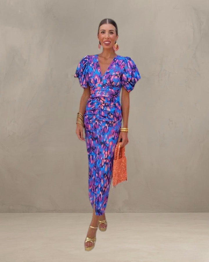 DEBORAH | ROBE MIDI VIBRANTE AVEC MANCHES BOMBÉES
