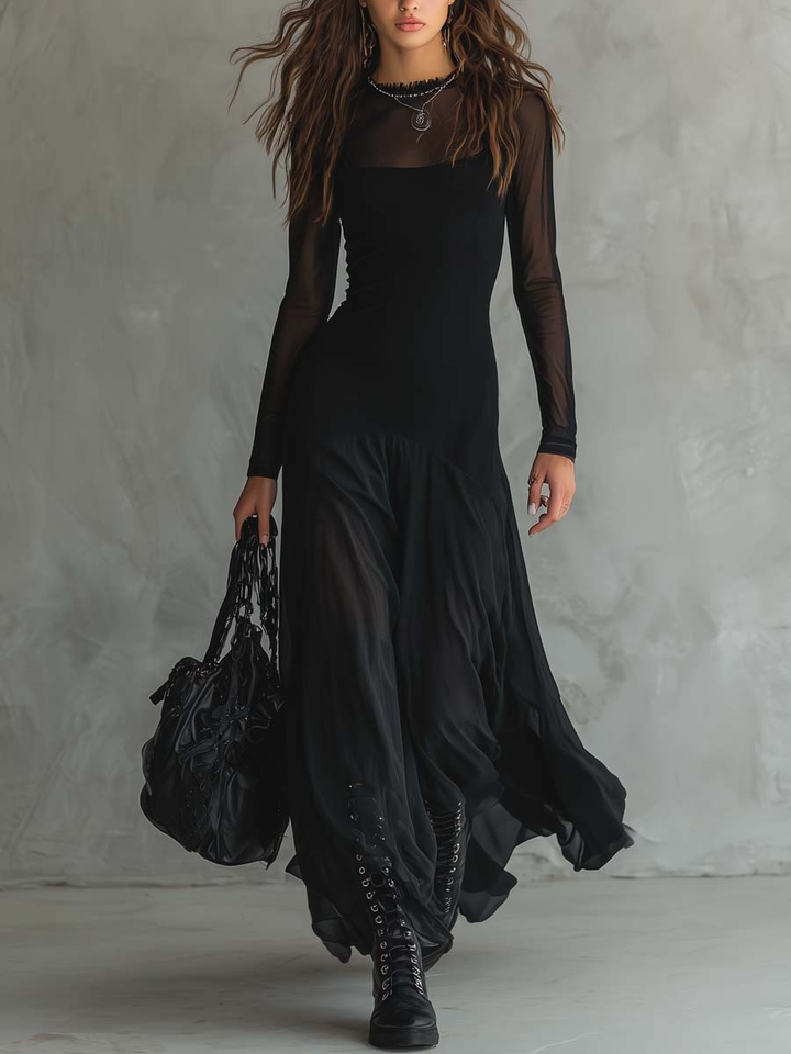 Robe Maxi en Tulle Noir à Coupe Lâche