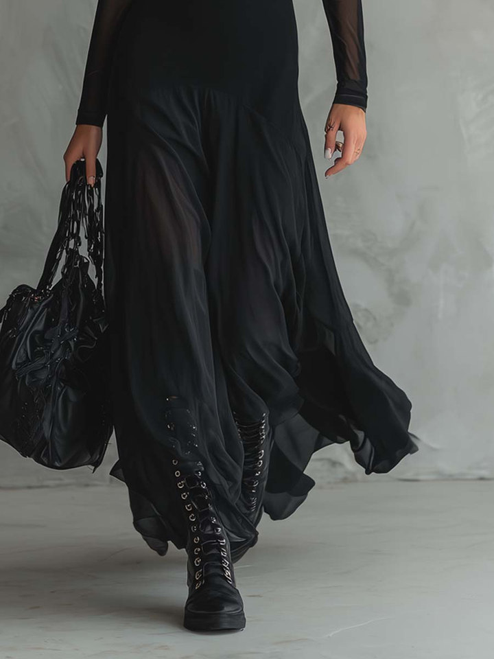 Robe Maxi en Tulle Noir à Coupe Lâche