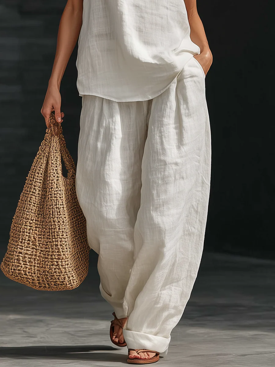 Ensemble Haut sans Manches en V et Pantalons à Jambes Amples Lila