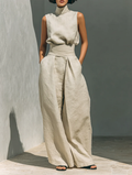 Aurora | Ensemble Co-Ord Beige Détendu Sans Manches à Jambes Larges