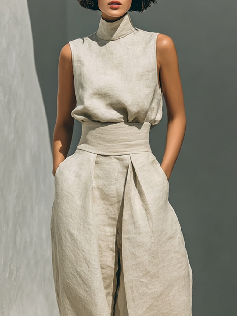 Aurora | Ensemble Co-Ord Beige Détendu Sans Manches à Jambes Larges