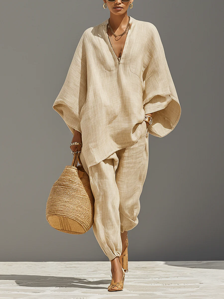 Haut Minimaliste Khaki Clair à Ourlet Asymétrique et Pantalon Jogger