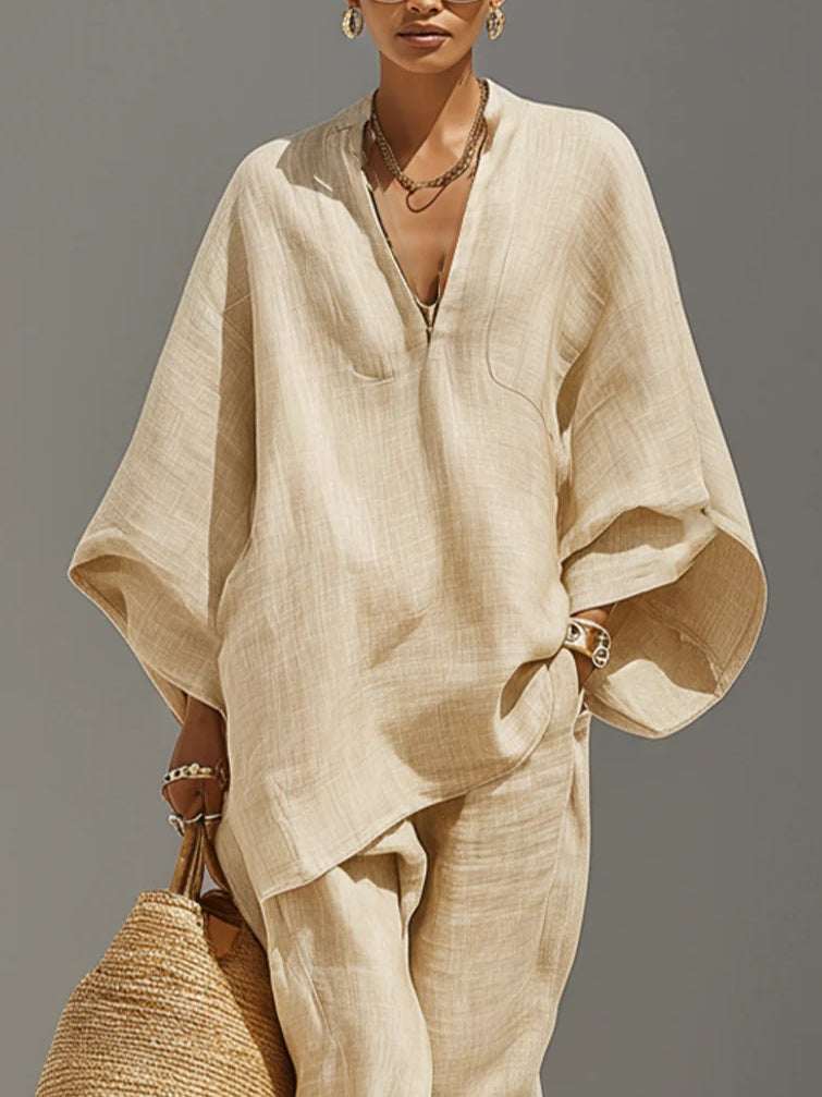 Haut Minimaliste Khaki Clair à Ourlet Asymétrique et Pantalon Jogger
