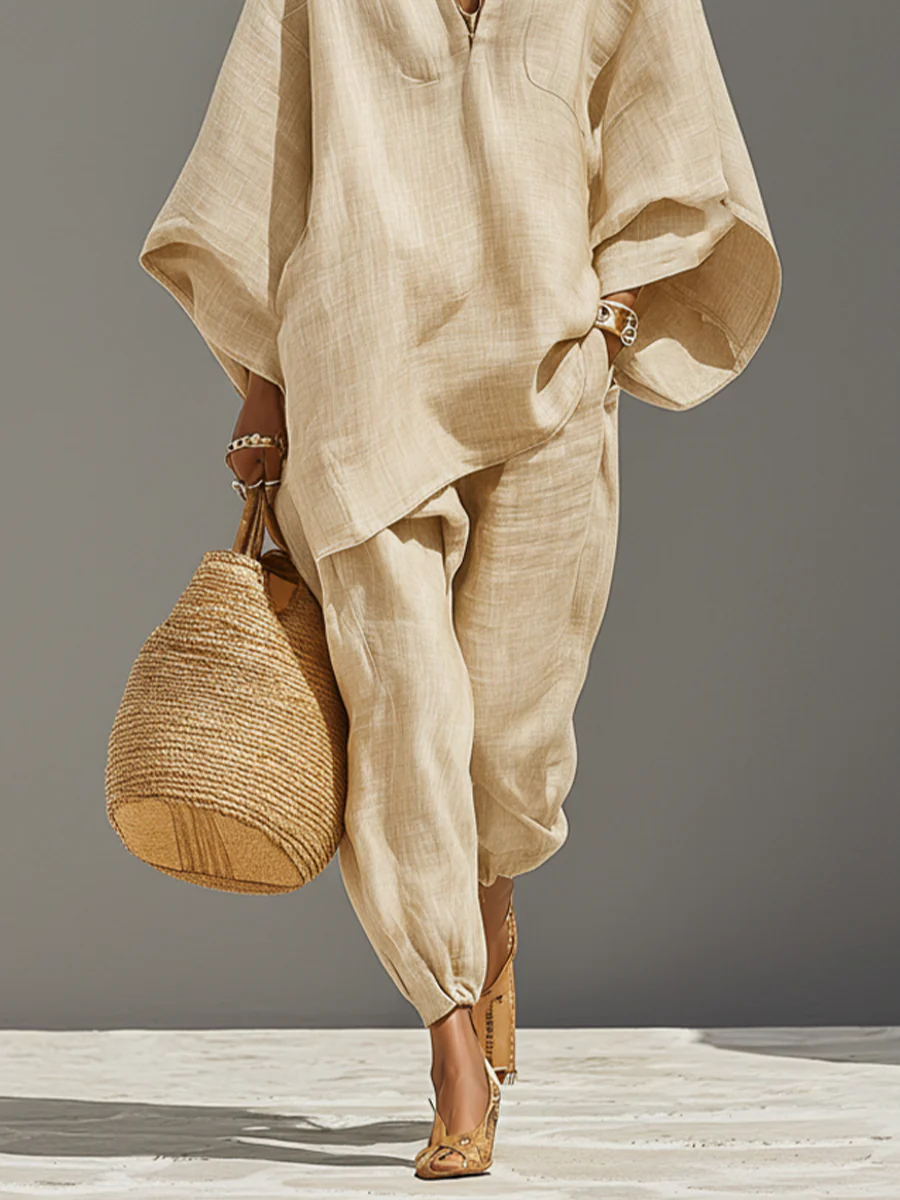 Haut Minimaliste Khaki Clair à Ourlet Asymétrique et Pantalon Jogger